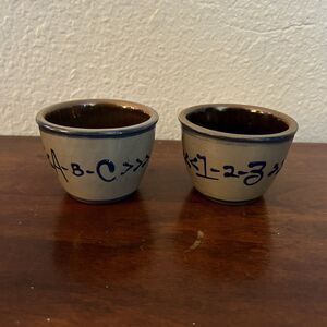 2x Vintage BBP Beaumont Brothers Pottery Salt Glazed ABC Child Cup Trinket Dish